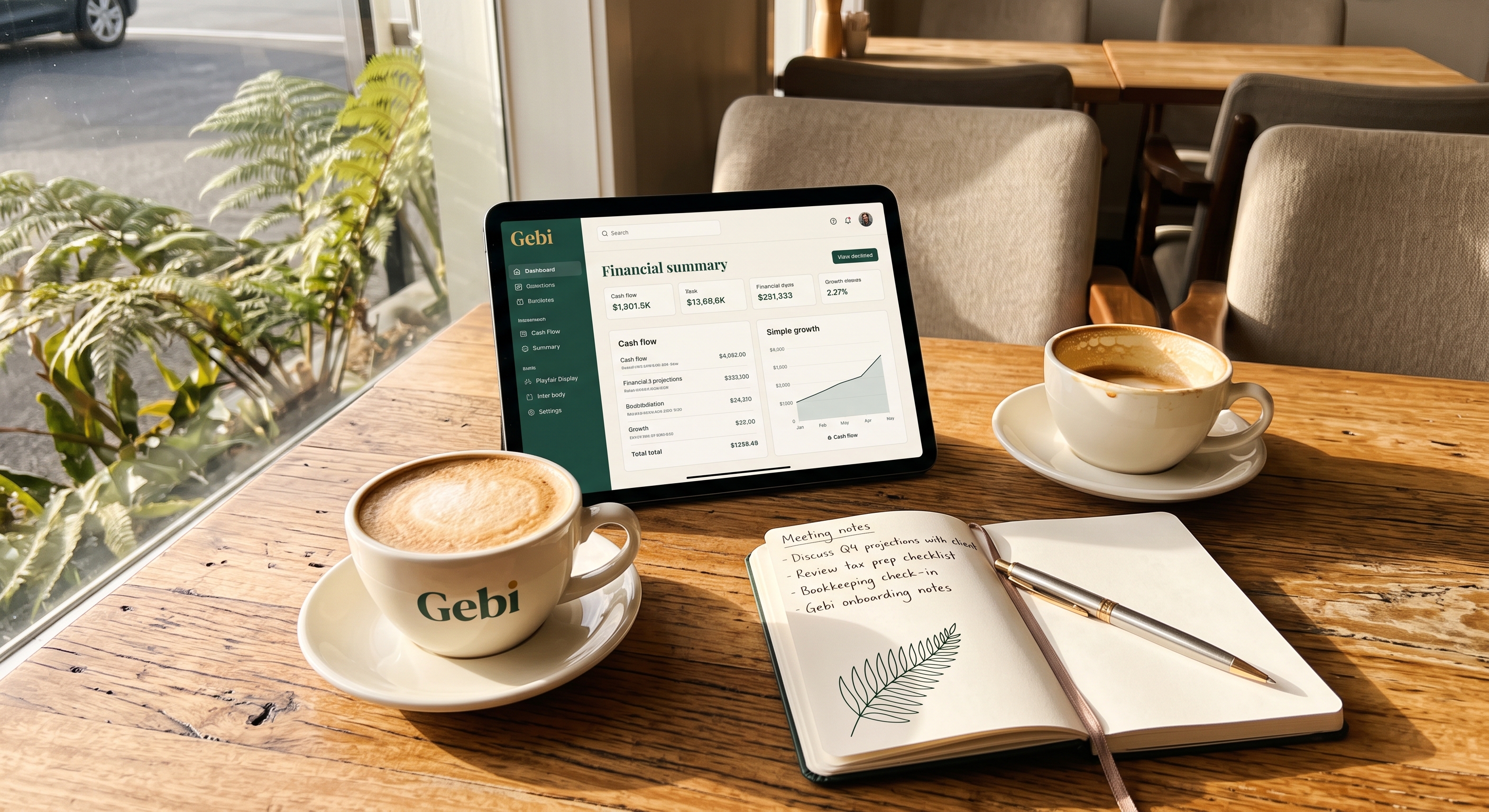 A warm café table with meeting notes and coffee