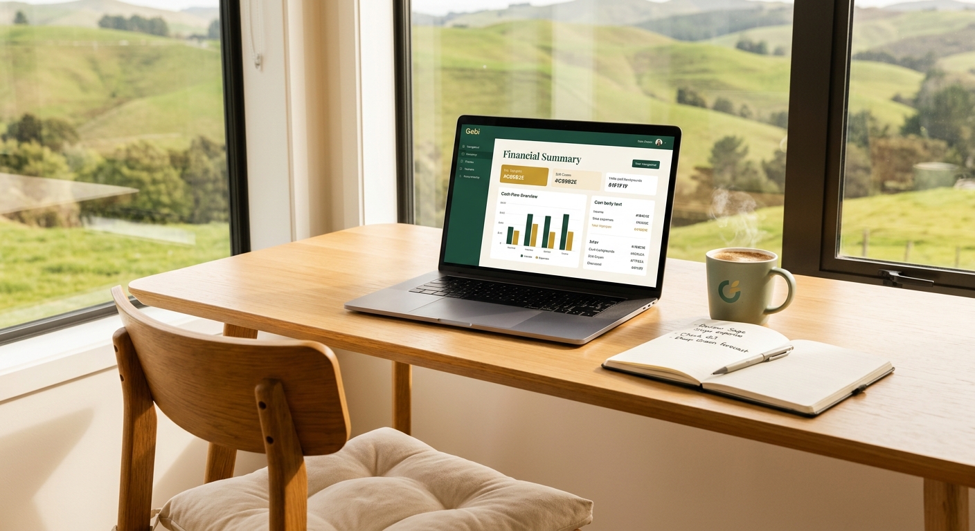 A clean, bright desk workspace with a laptop showing financial summaries