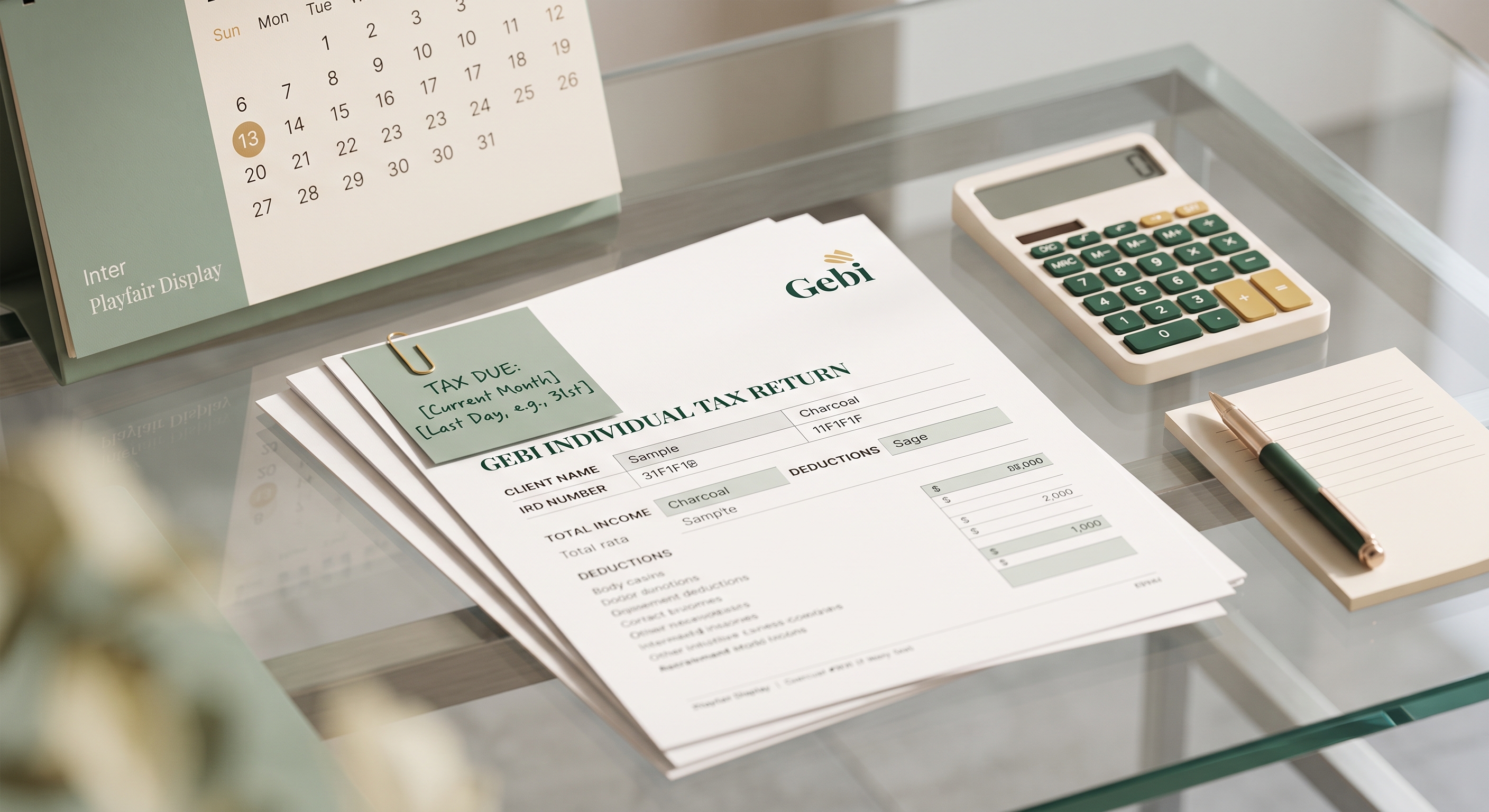 Calculator, pen, and tax compliance return forms