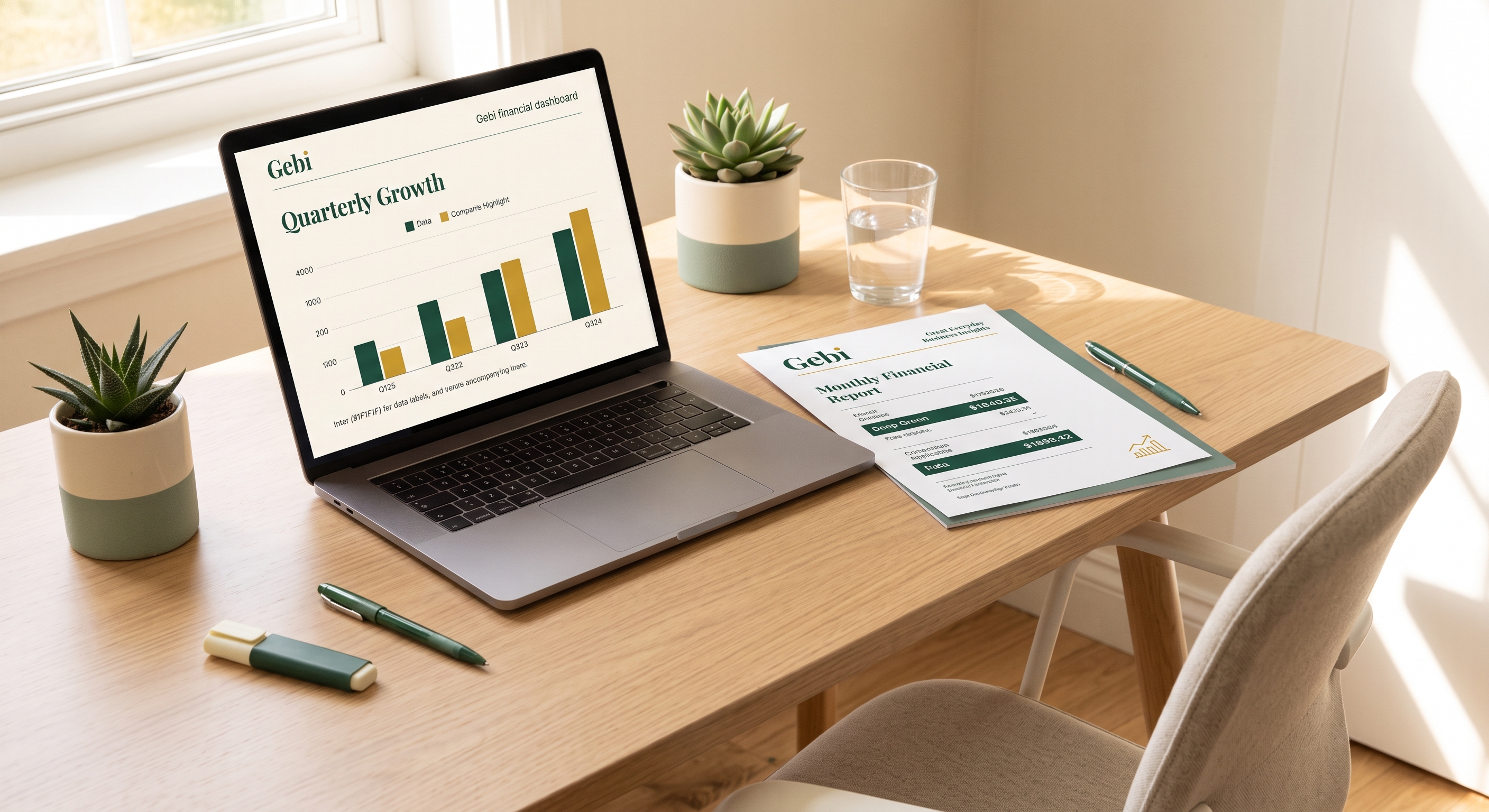 Organized workspace with financial records and monthly bookkeeping summaries